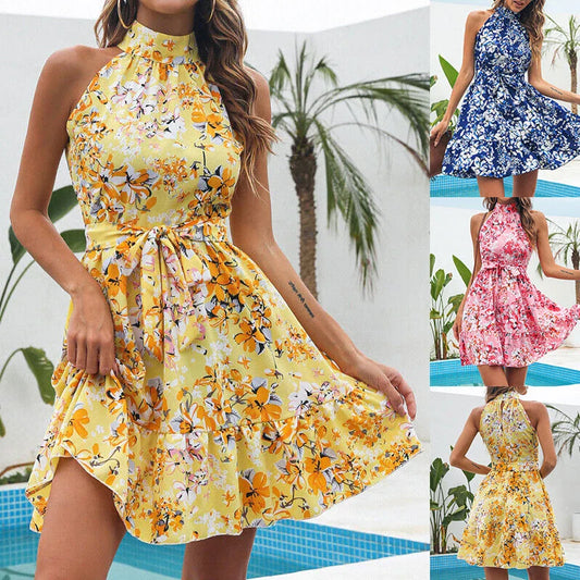 Stylish floral halter dress for women with ruffled details and lace-up back, available in various colors