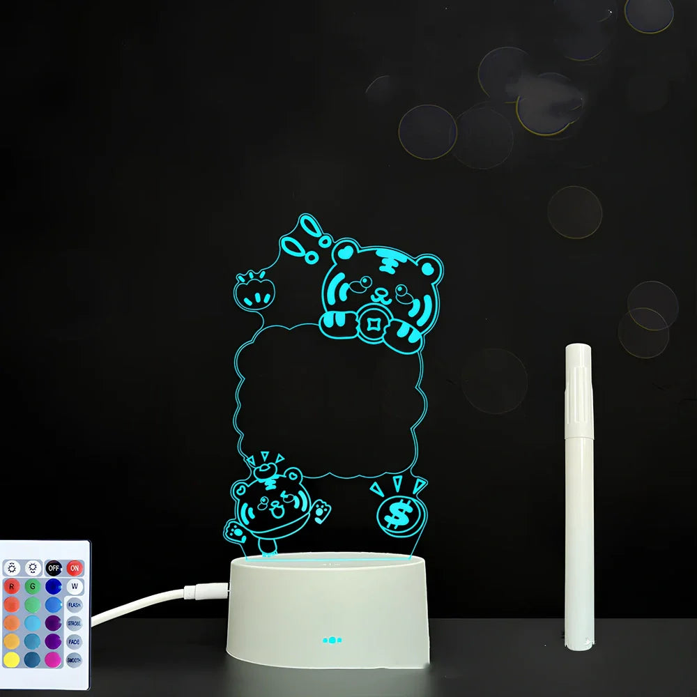 3D acrylic LED message board with touch controls showing illuminated writing on 3.5mm thick surface