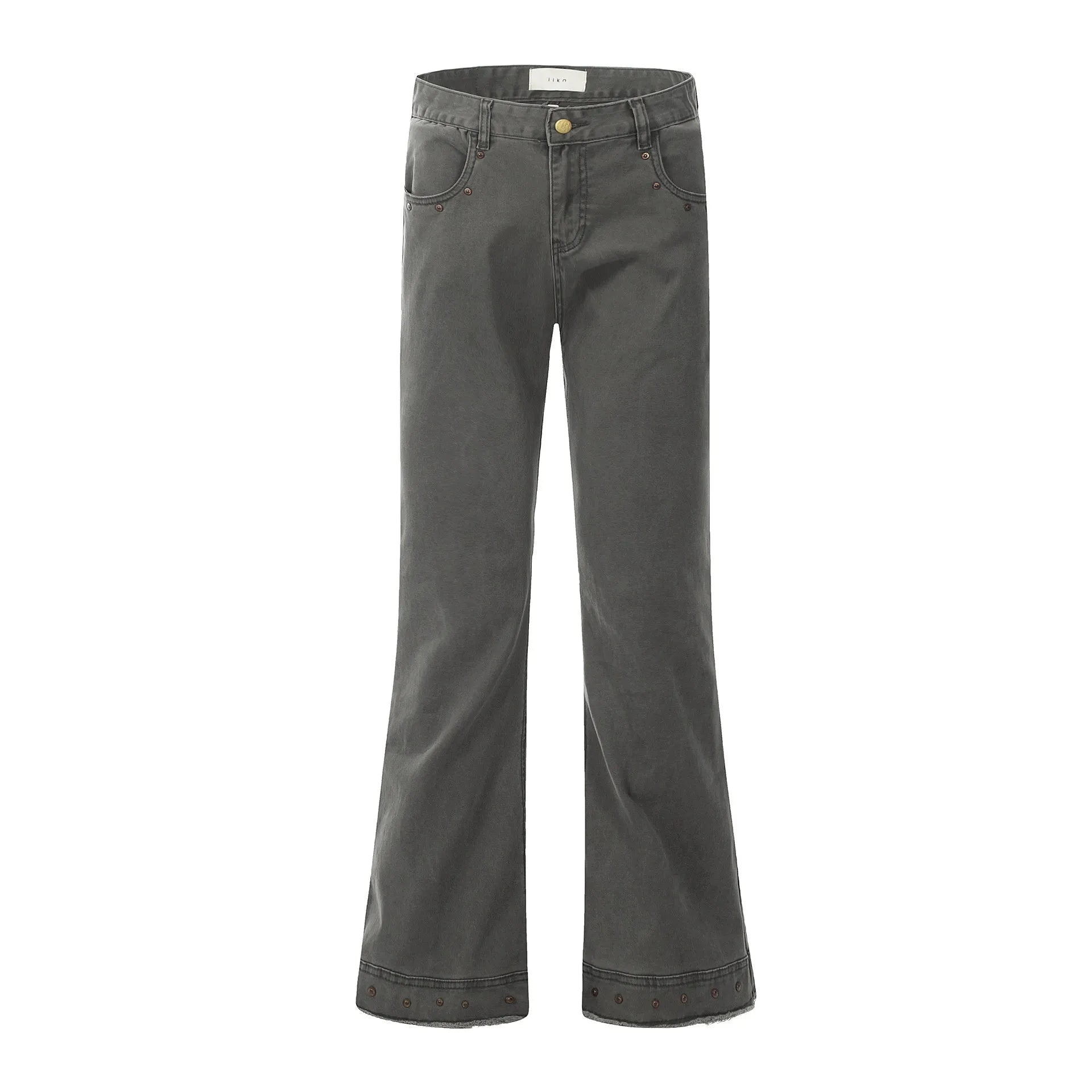 Pair of black straight-leg skinny jeans with a mid-rise waist and zipper fly on a neutral background.