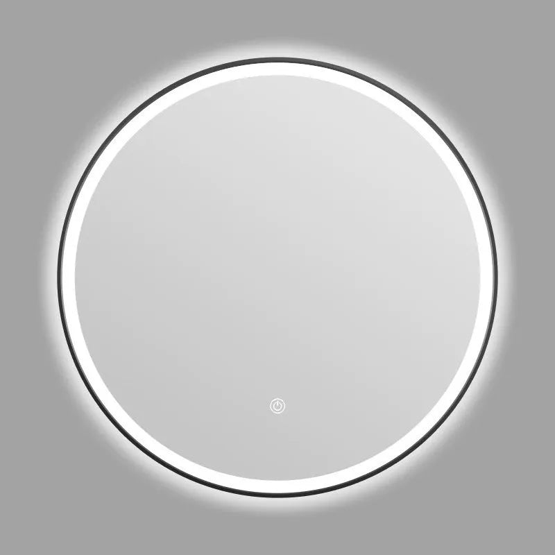 Round wall-mounted smart bathroom mirror with black aluminium alloy frame and touch-controlled LED lighting