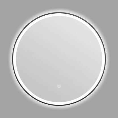 Round wall-mounted smart bathroom mirror with black aluminium alloy frame and touch-controlled LED lighting