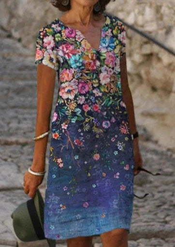 Women's cotton blend printed dress in navy blue, blue, and green for spring fashion