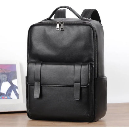 Men's genuine cowhide leather computer backpack in black with 36-55 litre capacity