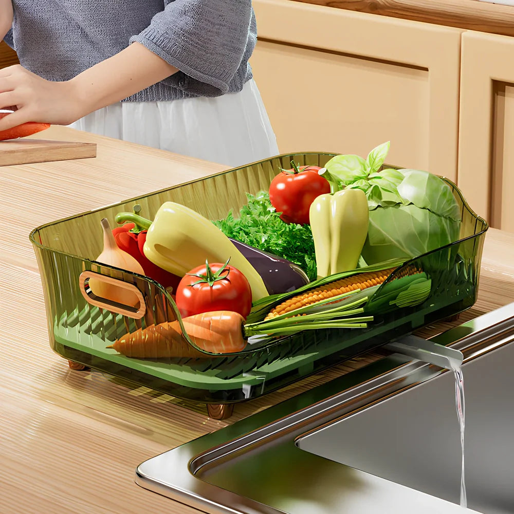 Green PET kitchen dish drain rack with organised shelving and mobile design