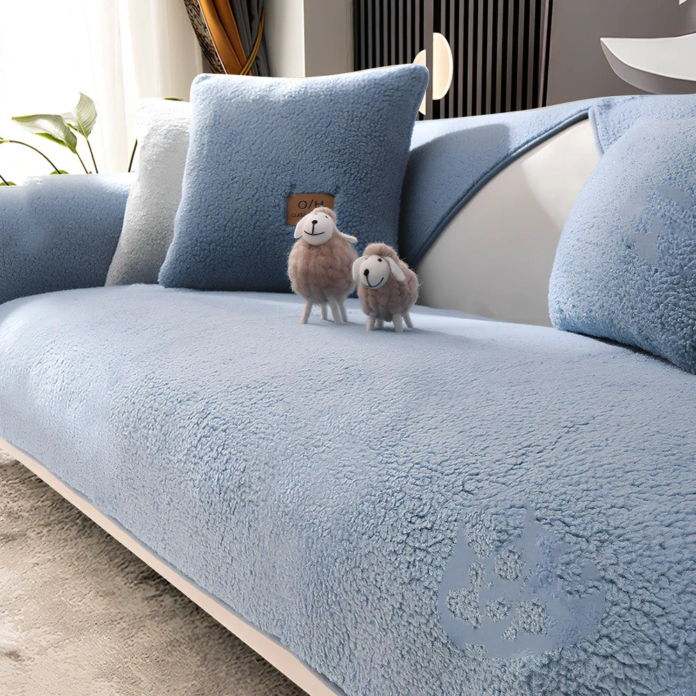 Non-slip lambswool sofa cushion in solid colour with silicone dot backing on flannel fabric