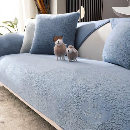 Non-slip lambswool sofa cushion in solid colour with silicone dot backing on flannel fabric