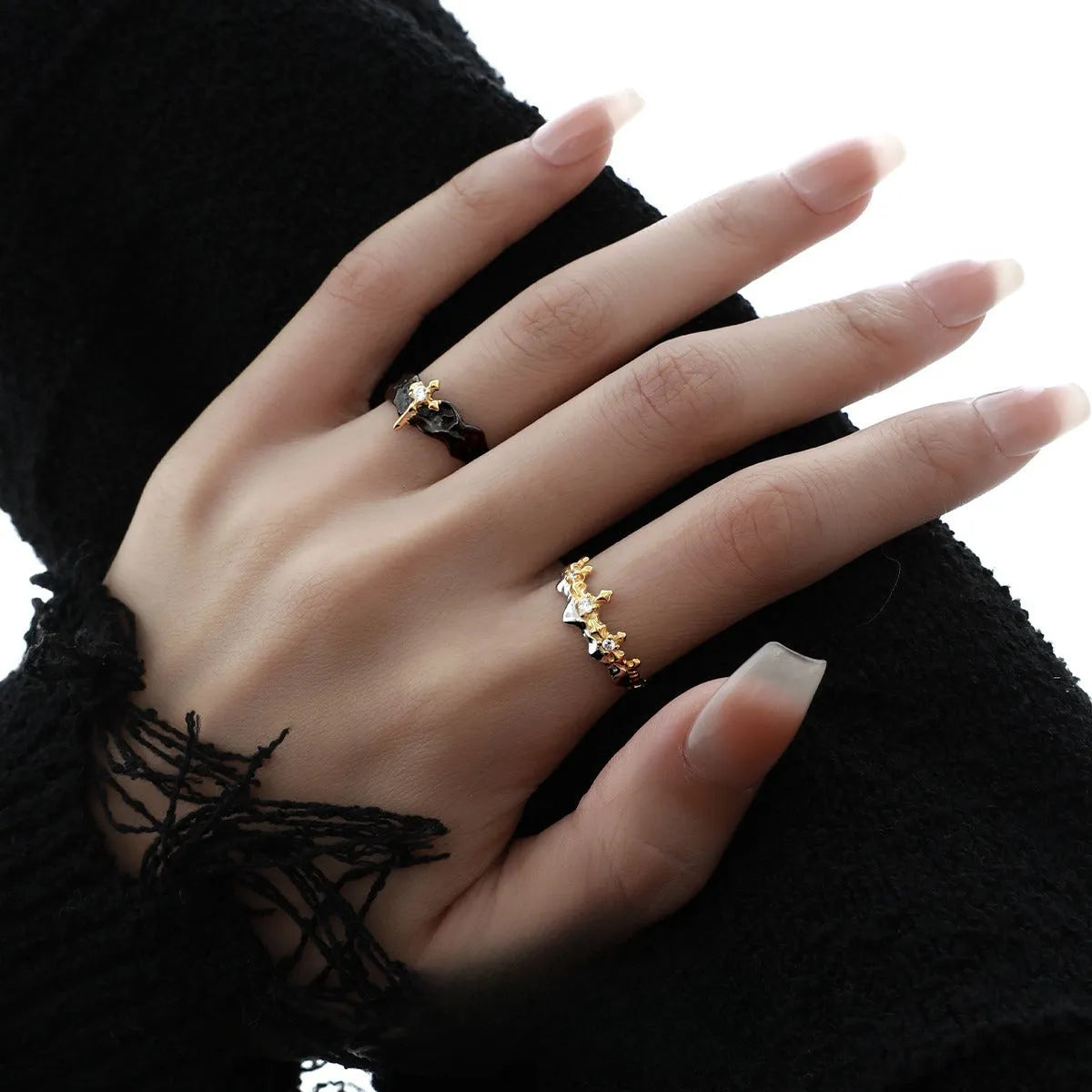 Princess Knight adjustable opening couple's ring in silver with white gold or black gold electroplated finish.