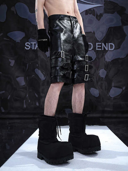 Men's black PU leather cropped pants with medium low waist, made from 100% polycarbaminate fibre, showing front view