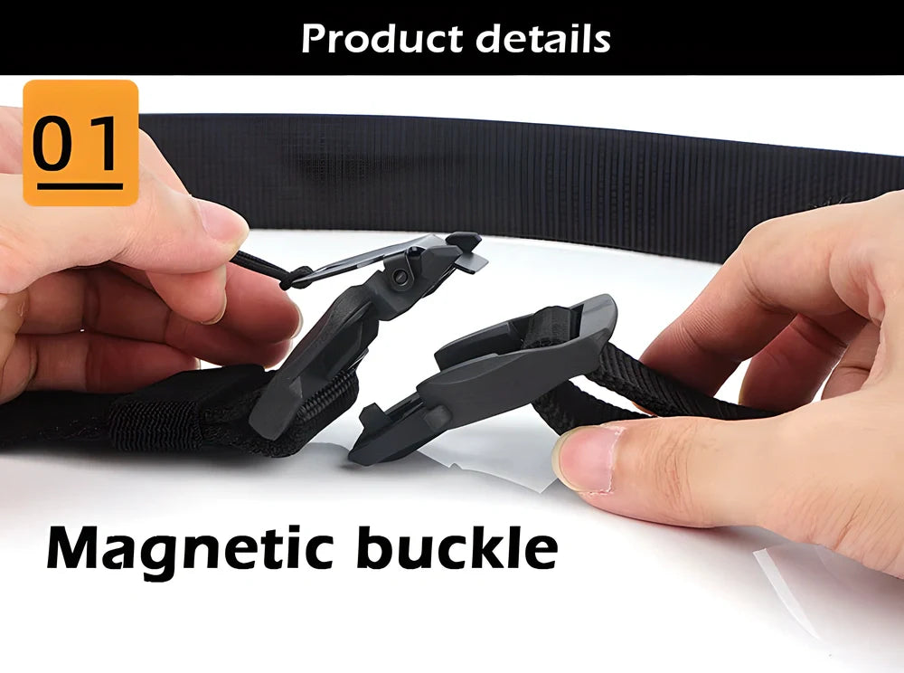 A durable, heavy-duty belt with a magnetic buckle that snaps shut effortlessly for a secure, hassle-free fit.