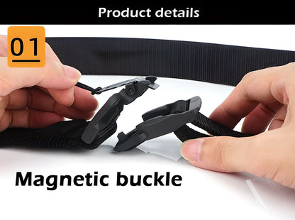 A durable, heavy-duty belt with a magnetic buckle that snaps shut effortlessly for a secure, hassle-free fit.