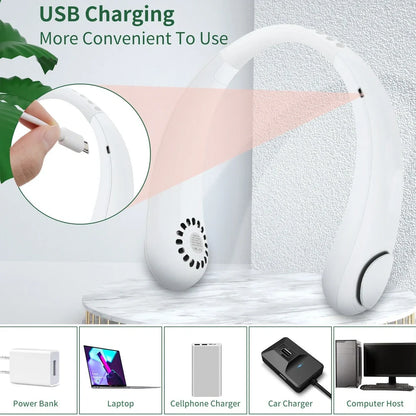 White hanging neck fan with flexible dual wind heads showing 78 air outlets and USB Type-C charging port
