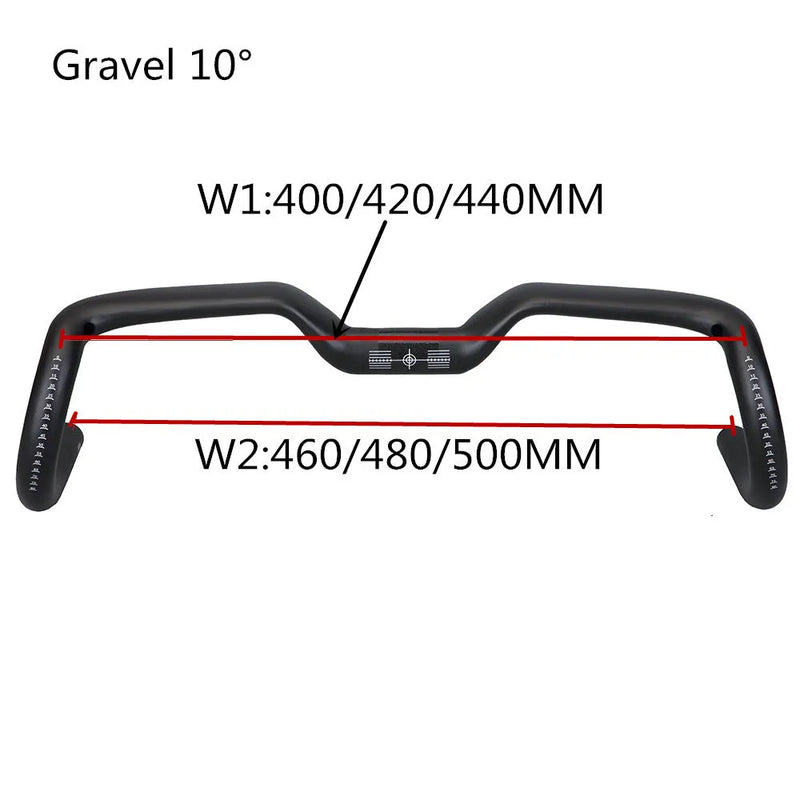 Carbon fibre handlebar with large-angle outer sweep for road cycling and gravel bikes, featuring a 31.8mm clamp diameter, 125mm vertical rise, and 80mm extension in three sizes (400mm, 420mm, 440mm), supplied in black.