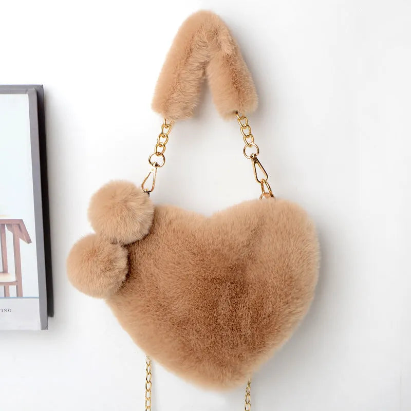 Women's soft plush heart-shaped handbag with shoulder strap in multiple solid colours