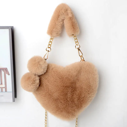 Women's soft plush heart-shaped handbag with shoulder strap in multiple solid colours