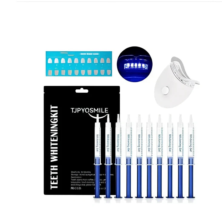 Teeth whitening gel kit with thermoform trays, cold light lamp, 10 gel syringes, and 3D shade guide showing 7-10 improvement