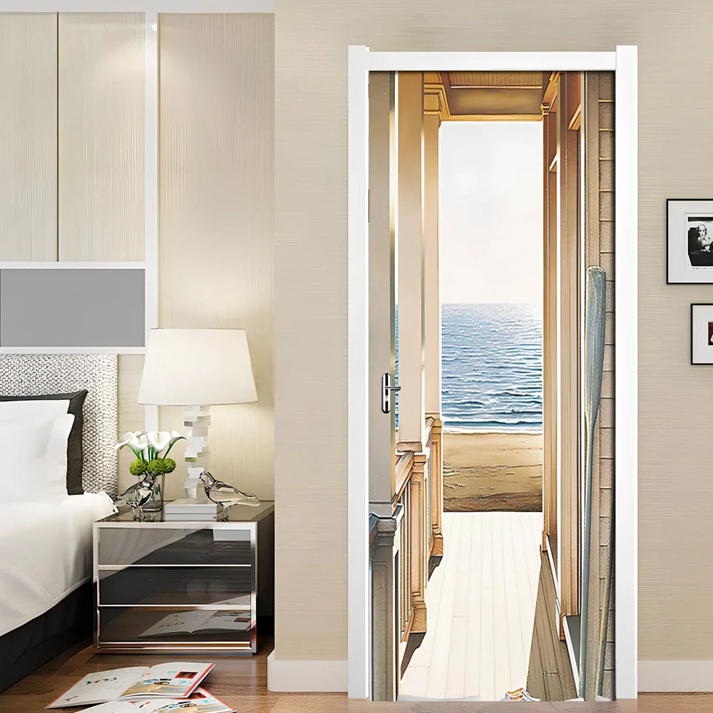 77x200cm 3D landscape PVC self-adhesive door sticker mural on white door, waterproof wall decal for home decor