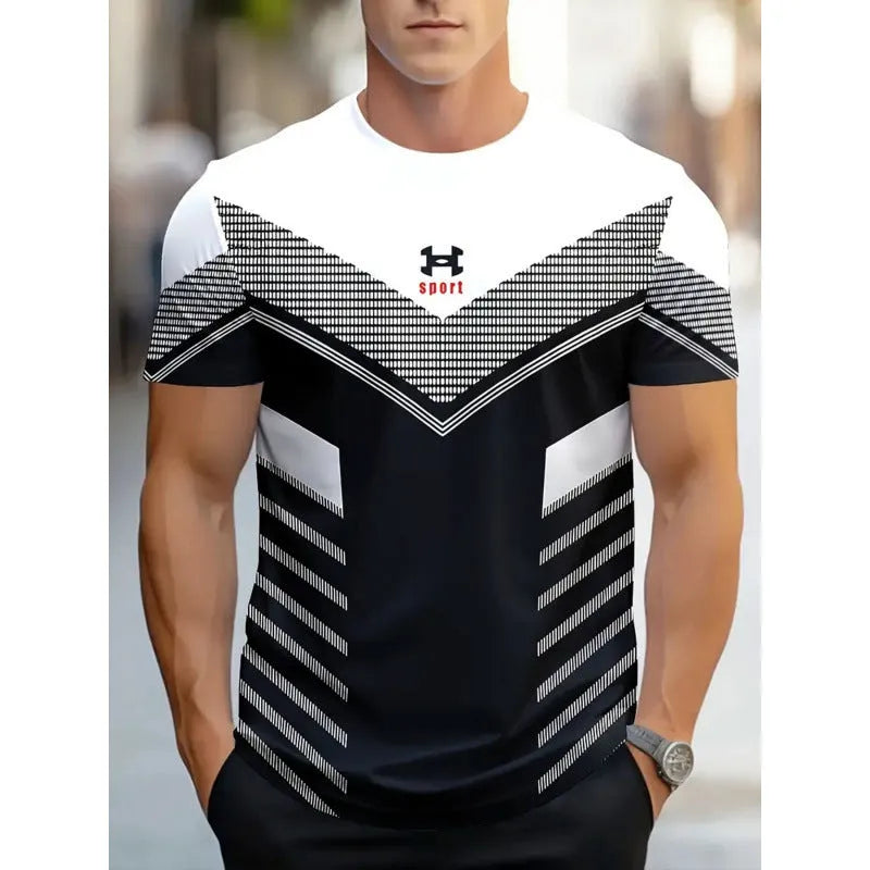 Men's striped casual T-shirt with digital 3D printing in loose fit short sleeve design
