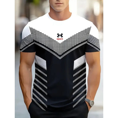 Men's striped casual T-shirt with digital 3D printing in loose fit short sleeve design
