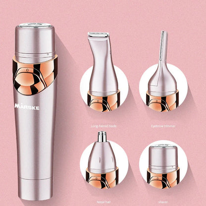 Four-in-one electric shaver in light fuchsia with USB charging cable and multiple cutter heads