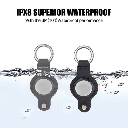 Stylish and secure AirTag holder keychain in black and grey PU leather, with a sturdy key ring for attaching to valuables