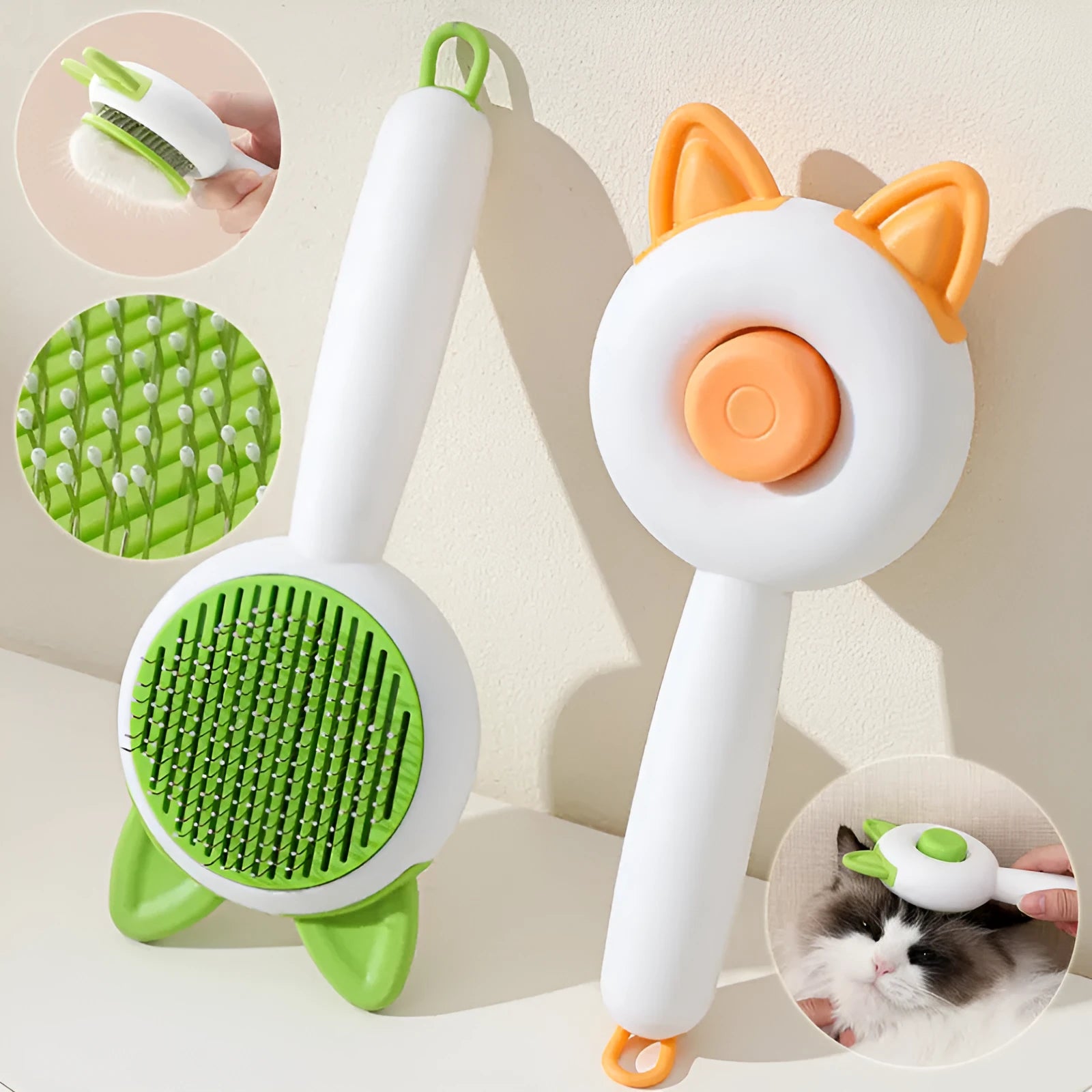 Greenish white pet grooming brush with stainless steel teeth, a push-button, and orange massage beads on the handle.