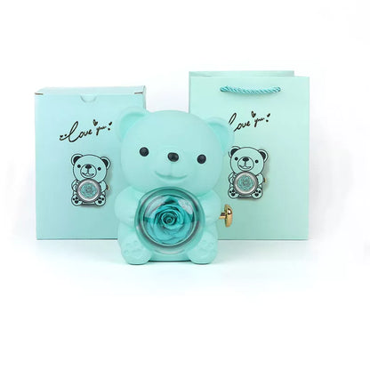 Eternal Rose Teddy Bear Jewelry Box with rotating drawer and preserved rose
