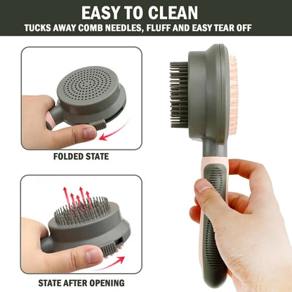 Pink double-sided cat brush with release button showing smooth brush side and flea comb side for grooming indoor cats