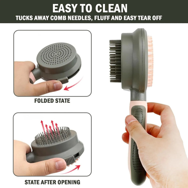 2-in-1 double-sided cat brush with release button for indoor cats, reducing shedding by removing loose hair and fleas, featuring a smooth side and flea comb side for short and long-haired felines