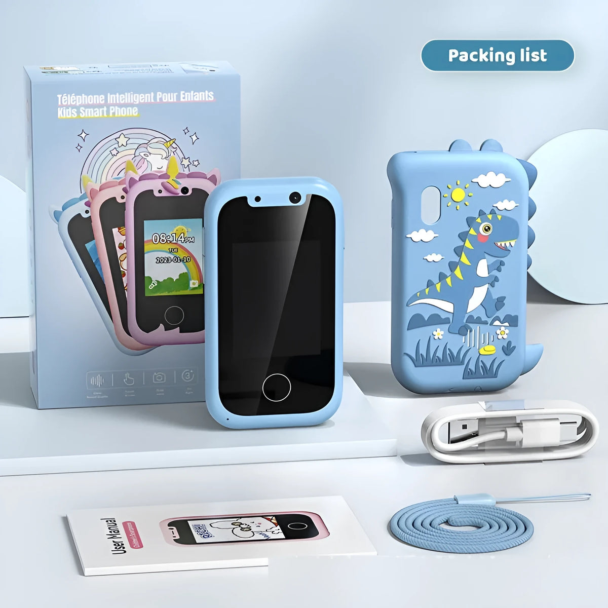 Blue silicone case children's digital camera toy with handheld mobile phone design