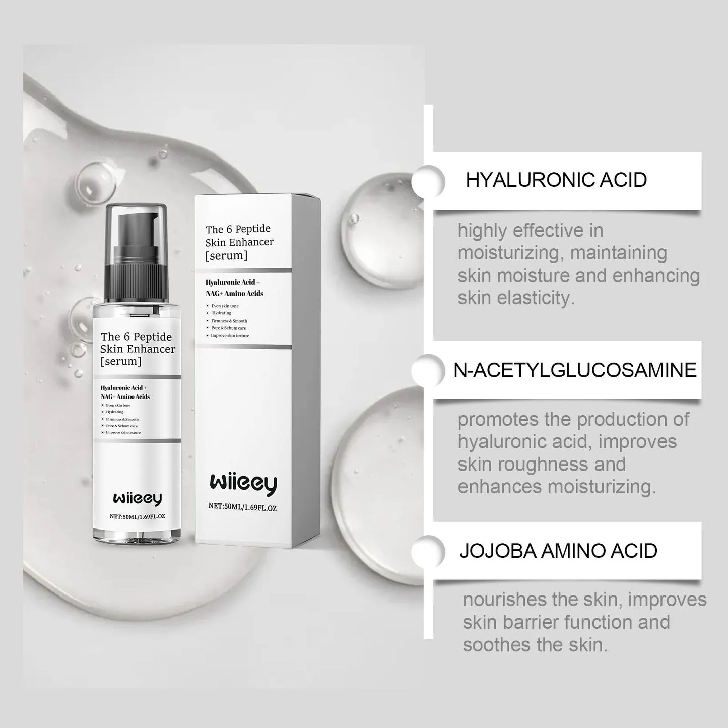 50 ml bottle of skin enhancer serum with hyaluronic acid and N-acetylglucosamine