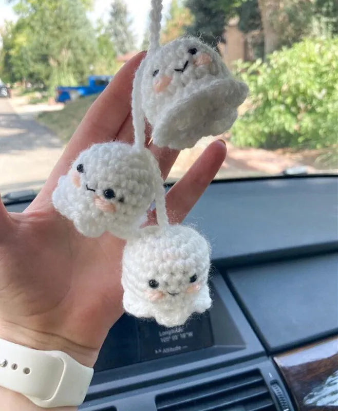 Soft, hand-woven plush car hanging ornament in a cartoon character design.