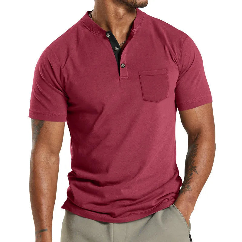 A man wearing a plus size solid colour short sleeve polyester shirt with a button chest pocket.