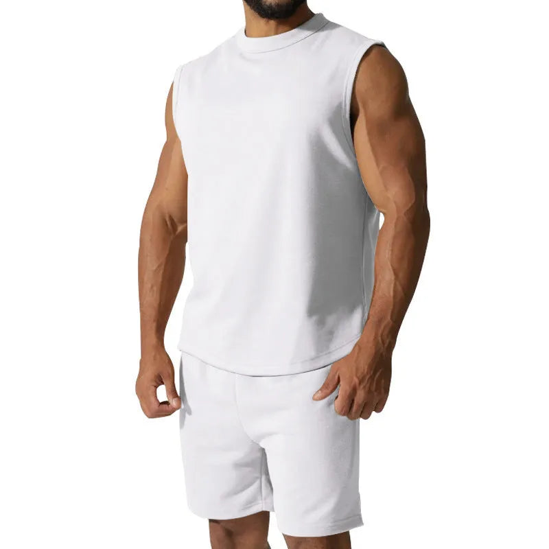 Men's sleeveless cotton blend sports suit set with shorts in multiple solid colour options