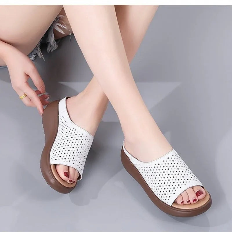 Peep toe platform heel women's shoes with rocking bottom sole, PU upper, rubber sole, ethnic pattern.
