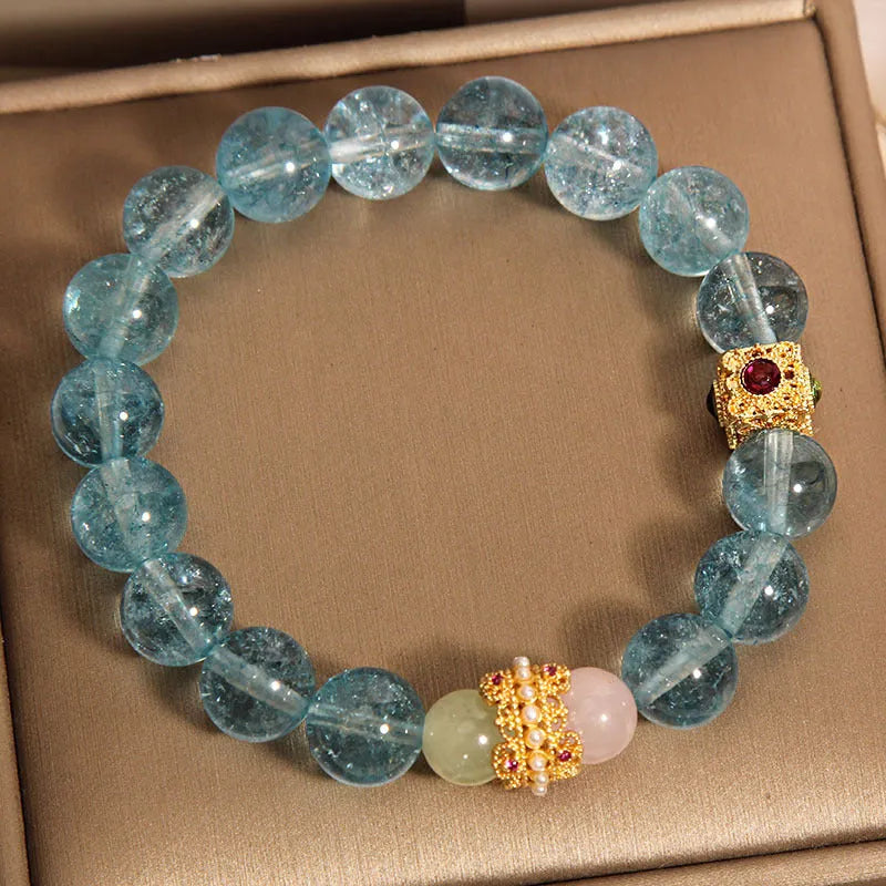 Women's flexible crystal bracelet with blue cube sugar beads and colourful crystal accents