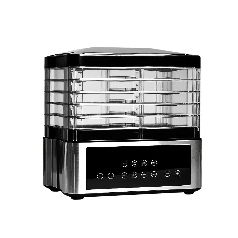Silver stainless steel fruit dehydrator with multiple drying trays and digital temperature control display