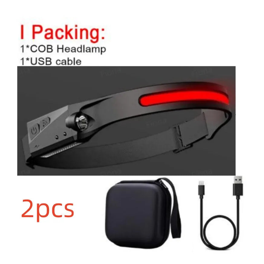 Black silicone USB rechargeable headlamp with a wide COB LED lens and a side wave sensor.