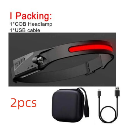 Black silicone USB rechargeable headlamp with a wide COB LED lens and a side wave sensor.