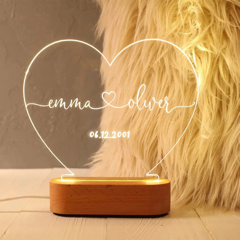 Custom LED night light with 20cm x 11.5cm acrylic plate displaying personalised text, USB powered for bedroom decor