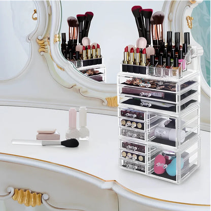 Three-layer transparent acrylic storage box for cosmetics with stackable design measuring 25cm wide