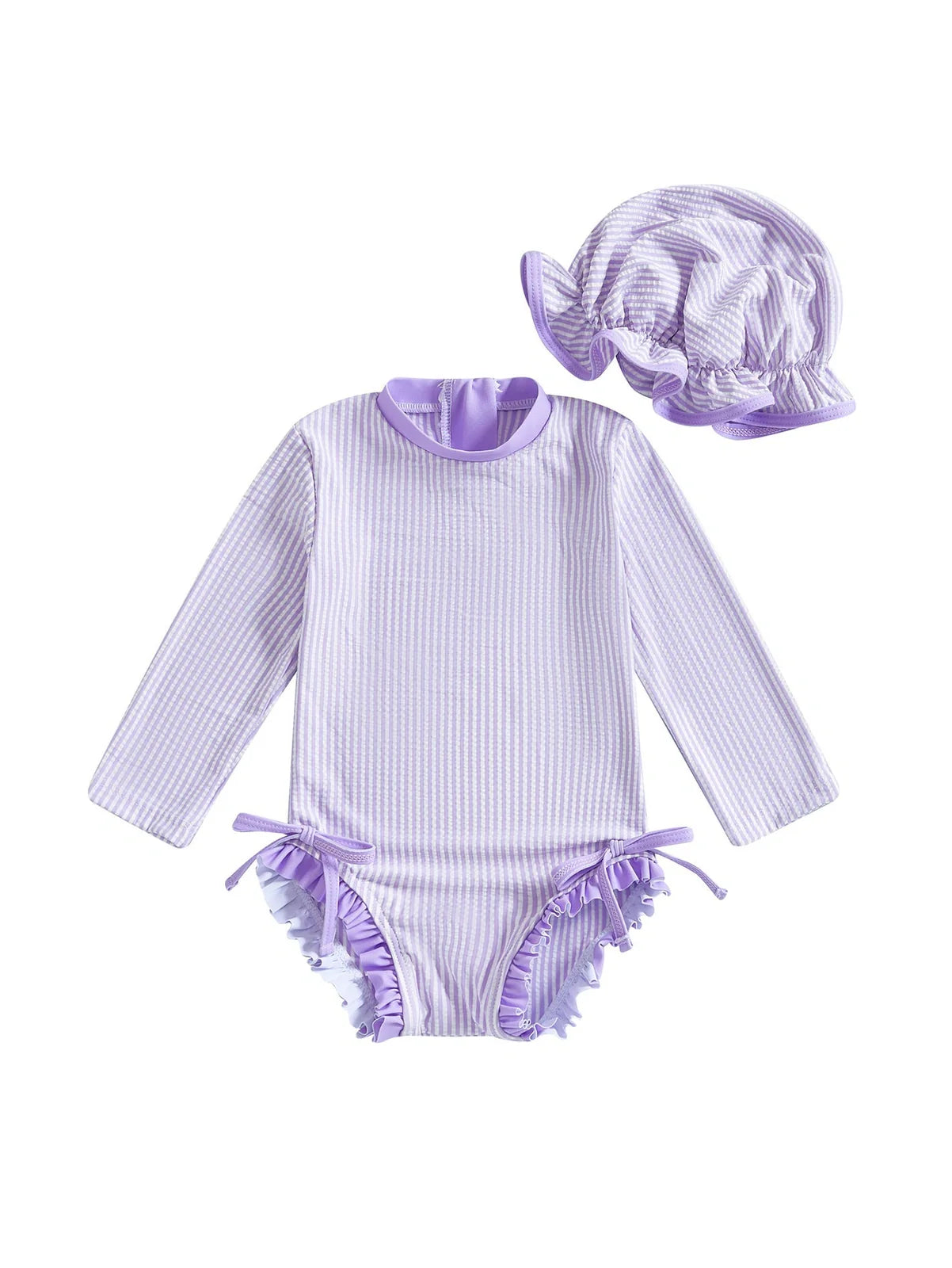 Girls' striped jumpsuit with matching hat in pink, violet, or sapphire blue for swimming