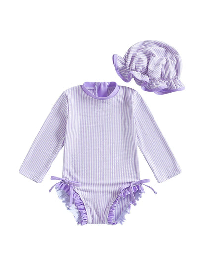 Girls' striped jumpsuit with matching hat in pink, violet, or sapphire blue for swimming