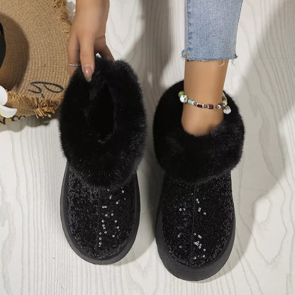 Sequined plush slippers with thick soles for winter warmth in blue, gold, black, and pink