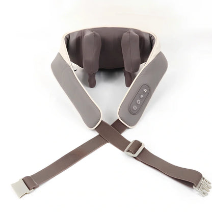 White and grey electric shoulder massager strap with adjustable length showing massage nodes and control button