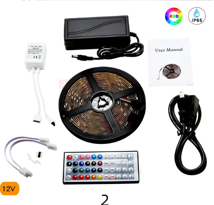 5 metre colour changing LED strip with remote control showing multiple colour options