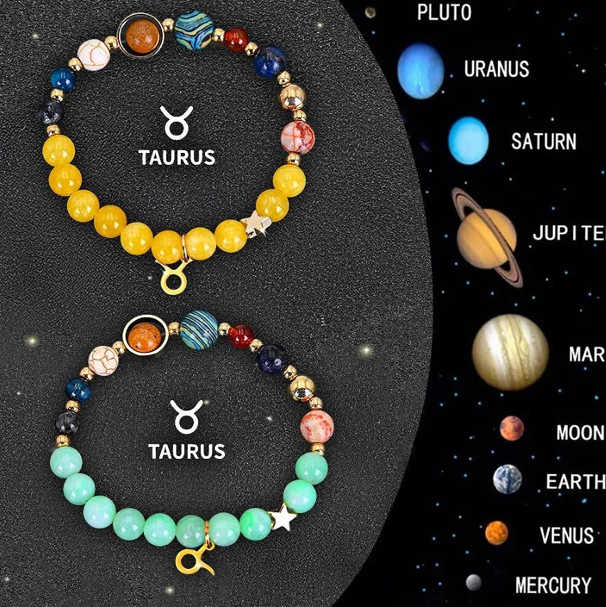 Two natural stone beaded bracelets with zodiac signs on adjustable cords, 8mm beads