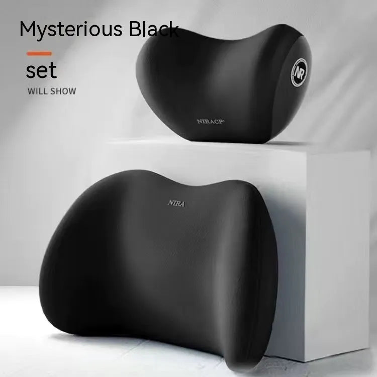 Black automotive headrest pillow and lumbar support pillow set with memory foam filler on a car seat