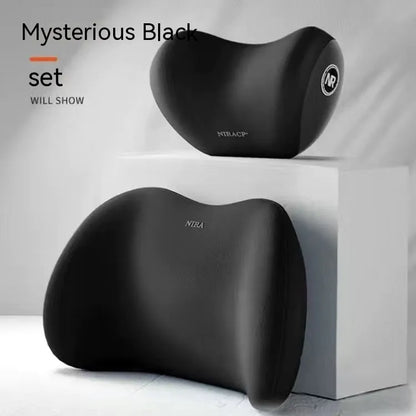 Black automotive headrest pillow and lumbar support pillow set with memory foam filler on a car seat