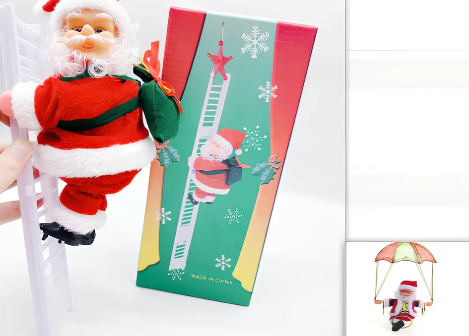 Electric plastic Santa Claus on 30cm climbing ladder with riding deer, in red suit, for Christmas decorations