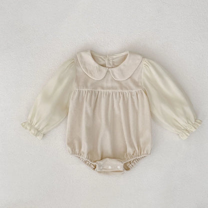 Corduroy doll collar long sleeve baby romper in black or apricot with single-breasted closure